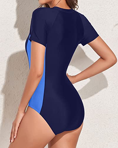 Zip Up Bathing Suits Built In Bra Short Sleeve Rash Guard For Women-Navy Blue