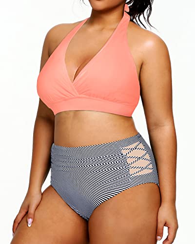 V Neck Plus Size Halter Bikini Swimsuits High Waisted Tummy Control Swimwear-Coral Pink Stripe