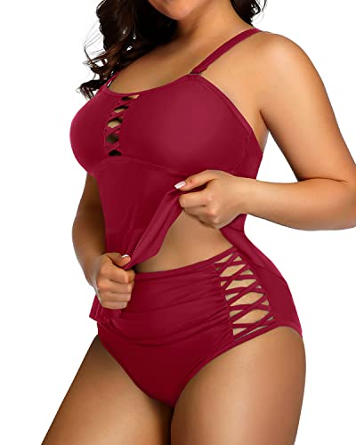 Lace Up Two Piece Bathing Suits For Women Tummy Control-Red