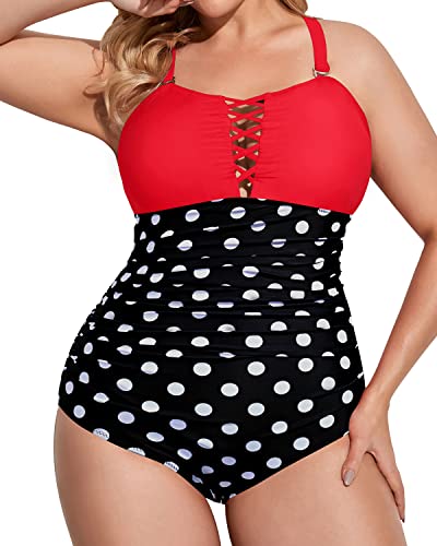 Full Coverage Plus Size Criss Cross Back Lace Up One Piece Swimsuit-Red And Black Dot
