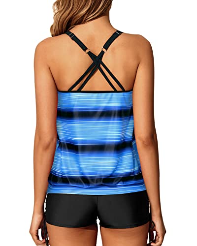 Women's Blouson Tankini Two Piece Strappy Bathing Suit Tops Shorts Swimwear-Blue And Black Stripe