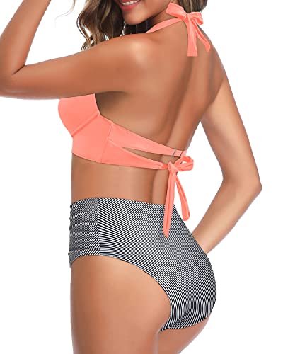 High Waisted Bikini Swimsuits Tummy Control Retro Halter Twist Front 2 Piece-Coral Pink Stripe