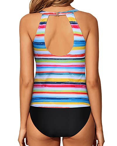 Laides Keyhole Design Tankini 2 Piece High Neck Bathing Suit-Striped And Black