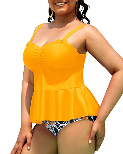 Peplum Tankini Top High Waisted Swim Bottom Plus Size Tankini Swimsuits-Yellow Floral