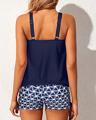 Modest And Comfortable Blouson Tankini Swimsuits For Women Boyshorts-Navy Blue Tribal