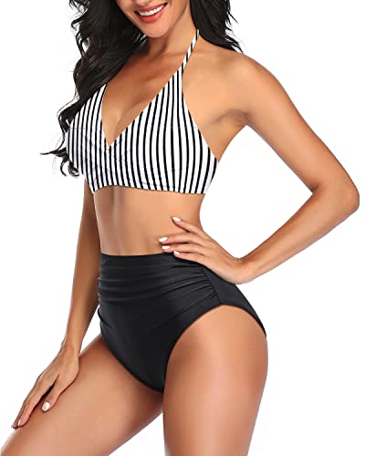 Sexy Twist Front Two Piece High Waisted Halter Top Tummy Control Swimsuit-Black And White Stripe