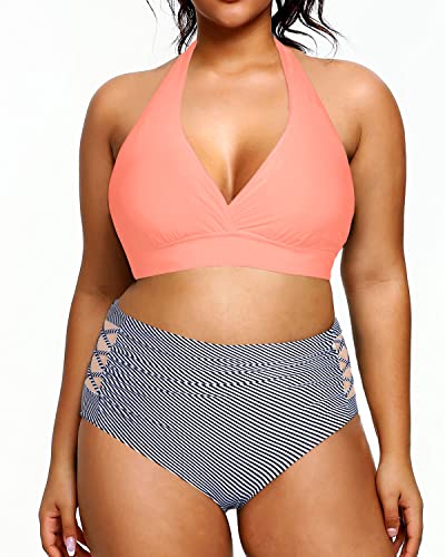 V Neck Plus Size Halter Bikini Swimsuits High Waisted Tummy Control Swimwear-Coral Pink Stripe