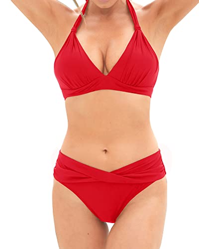 Push Up Women Two Piece Bikini Set Halter Swimsuit Vintage Swimwear-Red