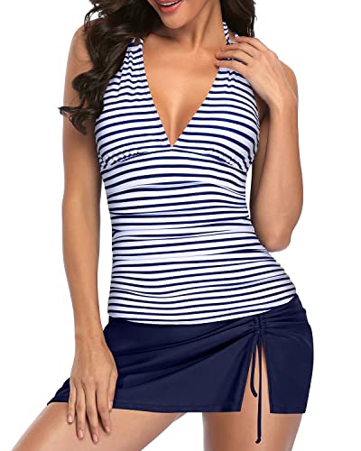 Adjustable Halter Tankini Skirted Bottom For Women-Blue White Stripe