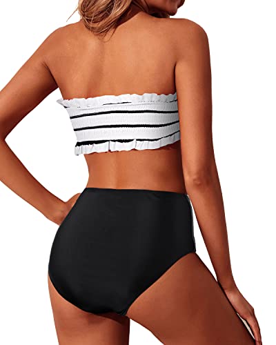 Ruffled Women's Bandeau Bikini Set Two Piece Smocked Swimsuit-Black And White Stripe