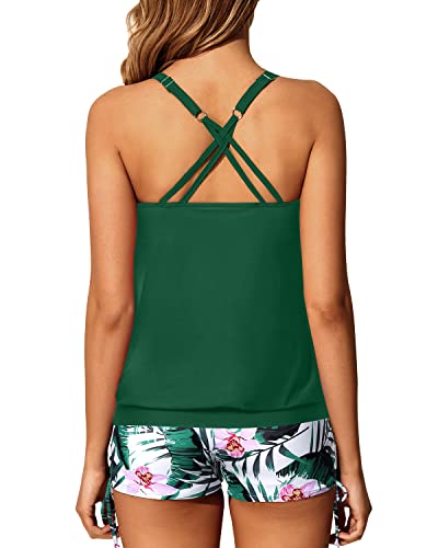 Women's Push Up Adjustable Shoulder Straps Blouson Tankini Swimsuits-Green Tropical Floral