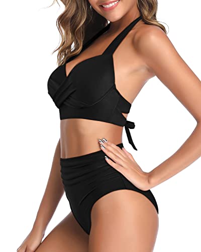 Retro Halter Twist Front Swimwear For Womens 2 Piece High Waisted Bikini-Black