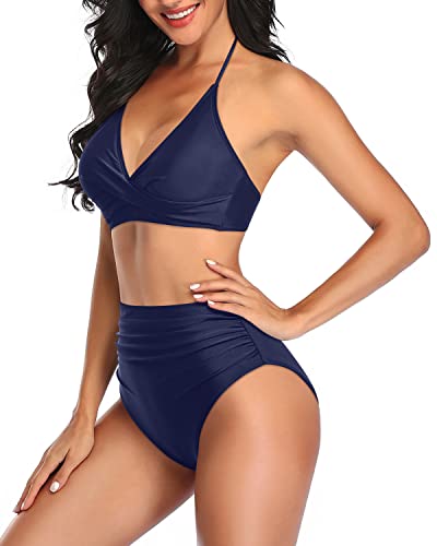 Removable Padded Bra Two-Piece High Waisted Bathing Suit-Navy Blue