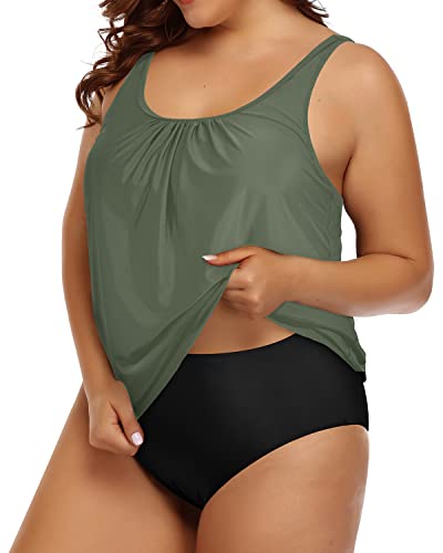 Plus Size Two Piece Tummy Control Blouson Swimsuit For Women-Olive Green