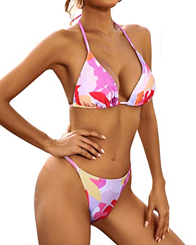 Women's 3 Piece Sexy Bikini Removable Pads Triangle Thong Swimsuits-Pink Floral