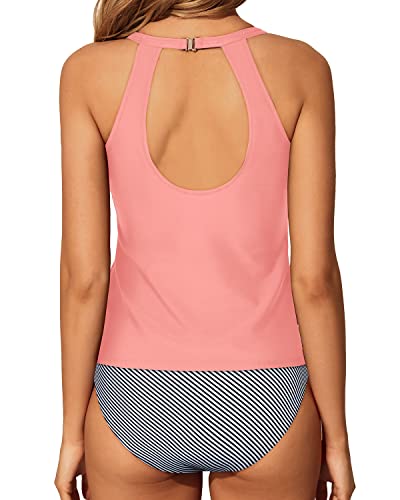 Modest Backless Halter High Waisted Tankini Bathing Suit-Coral Pink Stripe