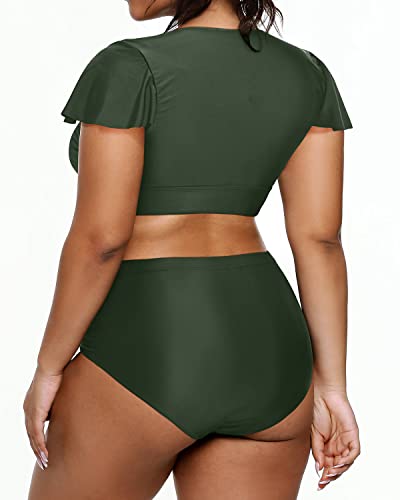 Two Piece Plus Size Swimsuit Push Up Padded Bra For Women-Army Green