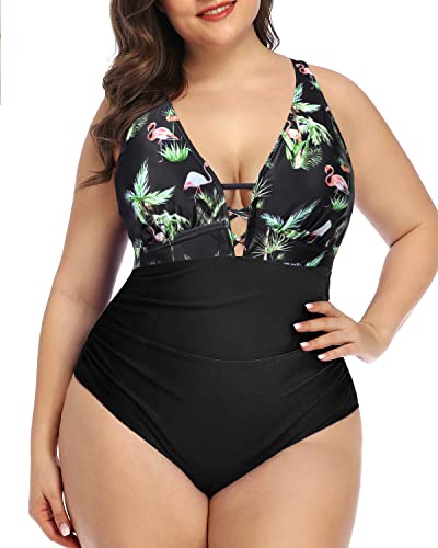 Plus Size One Piece Swimsuit Tummy Control For Women-Black Palm Tree,Gold Stars