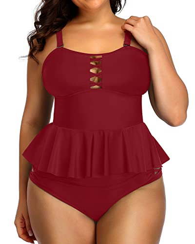 Plus Size Peplum Tankinis Tummy Control And High Waisted Bikini Bottoms-Maroon