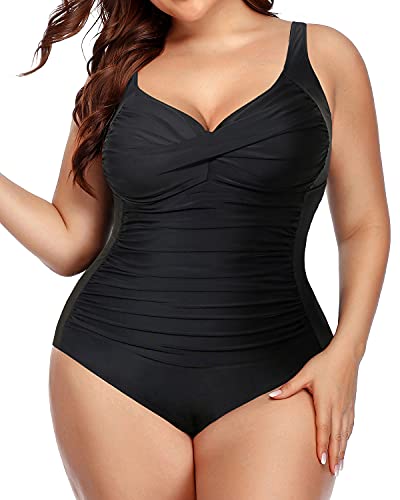Twist Front Tummy Control Bathing Suits For Women Plus Size-Black