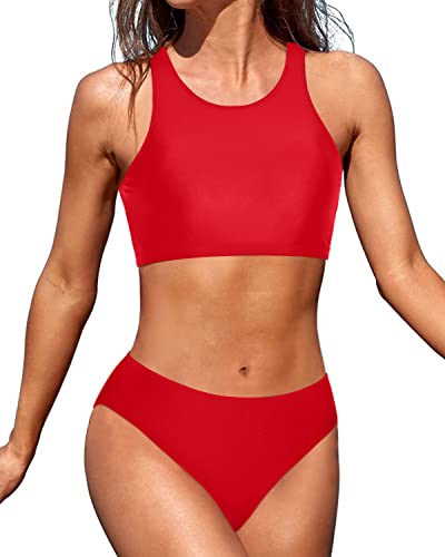 High Neck Athletic Two Piece Swimsuits High Cut Bikini Bottom-Red