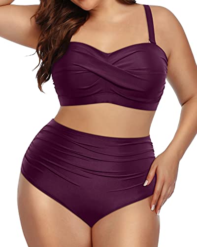Twist-Front Plus Size Tummy Control Two Piece Swimsuits Bandeau Bikini Set-Maroon