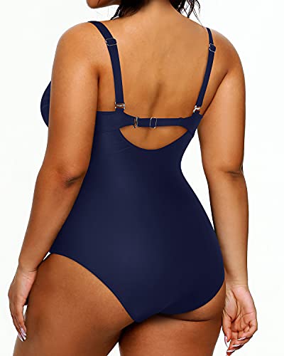 Deep V-Neck Tummy Control Plus Size Swimsuit For Women-Navy Blue