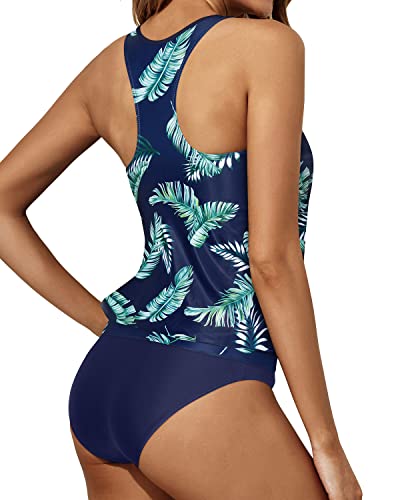 Athletic Tankini Bathing Suits Tank Tops Bottoms Blouson Swimwear For Women-Blue Leaves