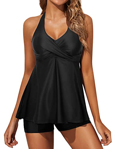 Sexy Twist Front Tankini Swimsuits For Women Boy Shorts-Black