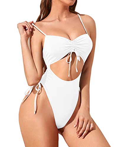 Spaghetti Shoulder Straps Removable Bra Thong Swimsuit For Women-White