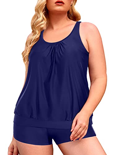 Slimming Blouson Tankini Tops Swim Shorts For Plus Size Women-Navy Blue