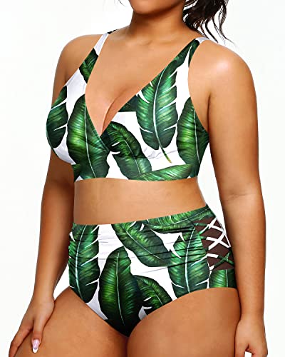 Push Up Padded Bra Plus Size Bikini High Waisted Bikini Swimsuits For Women-Green Leaf