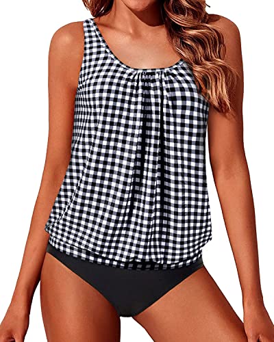 Push Up Bra Cups Tankini Bathing Suits For Women-Black And White Checkered