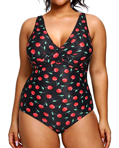 Sexy Deep V-Neck Plus Size Slimming Swimsuits For Women-Black Cherry