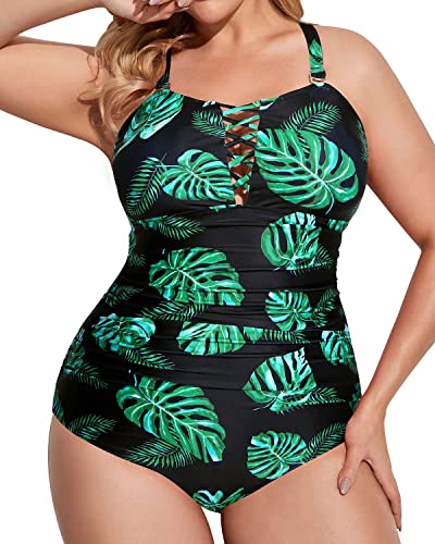 Women's Plus Size Lace Up Swimwear Tummy Control Bathing Suit-Black And Green Leaf
