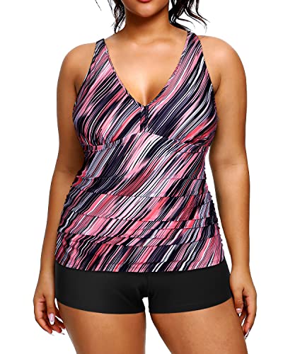 Athletic Plus Size Swimsuits Shorts Tummy Control Tankini Bathing Suits-Pink Stripe