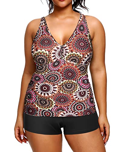 Athletic Women's Plus Size Swimwear High Waisted Bottom Tankini Sets-Brown Print