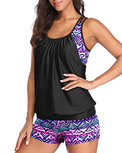 Ladies Athletic Two Piece Tankini Suits Racerback Tankini-Black And Tribal Purple