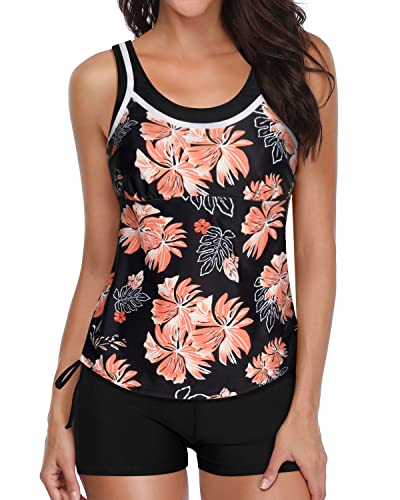 Women's Two Piece Tankini Swimsuits Shorts Athletic Bathing Suits-Black Orange Floral