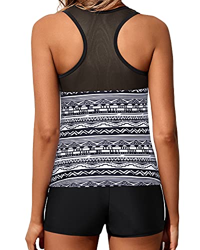 Sporty Two Piece Bathing Suit Mesh Shoulder Flattering Fit For Women-Black Tribal