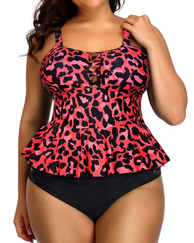 Lace Up Women's Plus Size Swimsuits Peplum Tankini Tops-Red Leopard
