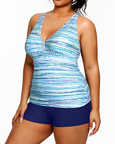 Women's Plus Size Adjustable Shoulder Straps Tankini Swimsuit-Blue Striped