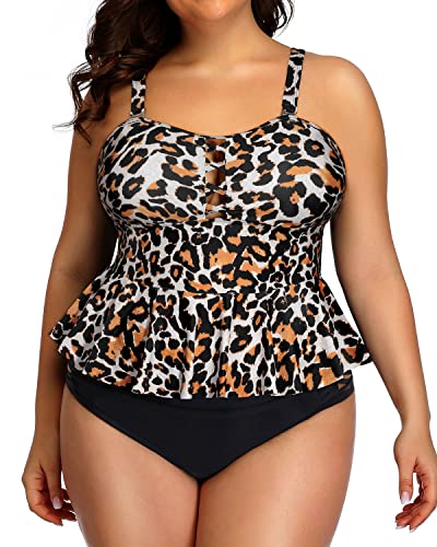 Peplum Tankini Tops High Waisted Swimwear For Women-Black And Leopard