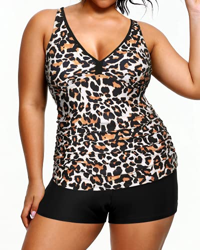 V Neck Plus Size Tankini Shorts Tummy Control Tankini Two Piece Bathing Suits-Black And Leopard