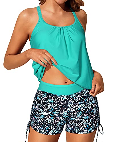 Women's Push Up Padded Blouson Tankini Swimsuits Two Piece Strappy Bathing Suit-Light Blue-Green Floral