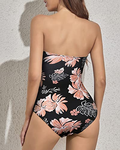 Women's Strapless One Piece Swimsuit Tummy Control Bandeau Bathing Suit-Black Orange Floral