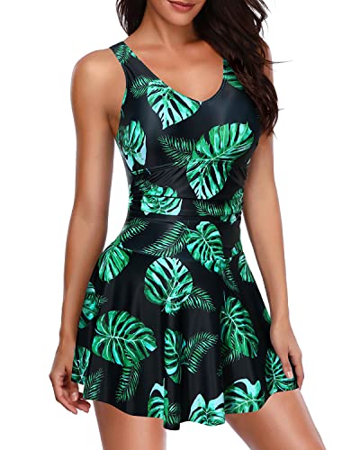 Flattering And Elegant Swim Dresses For Women One Piece-Black And Green Leaf