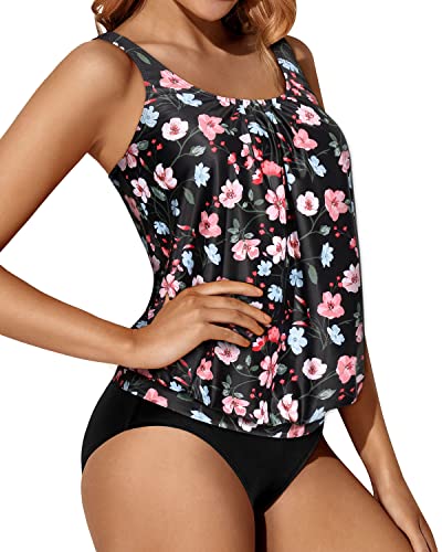 Casual And Chic Blouson Tankini Sets Loose Fitting Tank Tops For Women-Black And Pink Floral