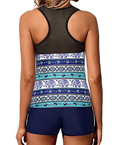 Modest Mesh Patchwork Tankini Bathing Suit Tops For Women Shorts-Navy Blue Tribal