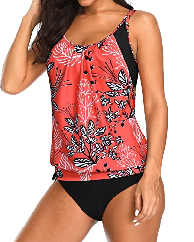 Athletic Two Piece Blouson Tankini Swim Tops Bikini Bottoms-Red Floral